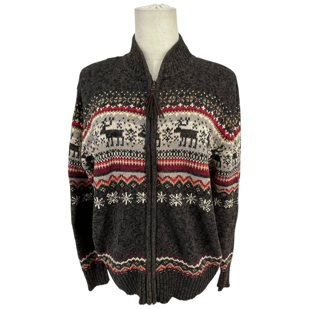 TIARA INTERNATIONAL Womens Fair Isle Moose‎ Raime Blend Zip Up Sweater M 2003